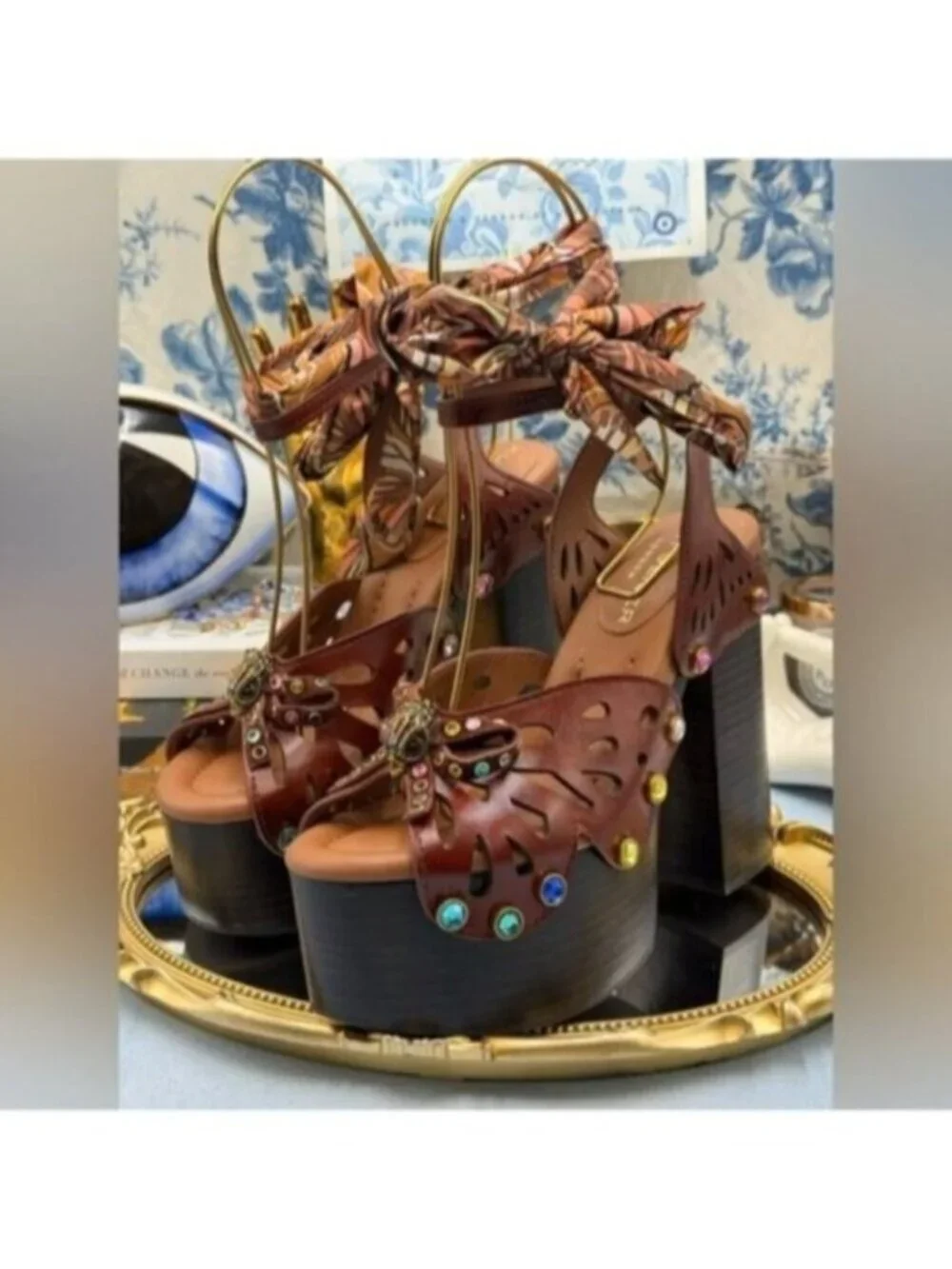 🆕 KURT GEIGER LONDON 🧿 NWOB Butterfly Platform Ankle Strap Sandal, Sz 37 US 7